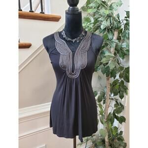 B'leev Womens Black Rayon V Neck Sleeveless Casual Pleated Top Blouse Size L